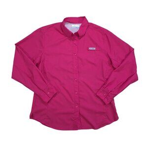 Columbia Women Long Sleeve Button Up Shirt Size L Pink Breathable Mesh Outdoor.
